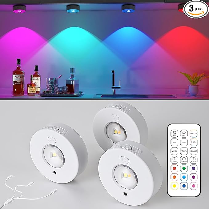 3 Pack Wireless RGB Under Cabinet Lights with Timer Function, Rechargeable Puck Lights with Remote Control, Dimmable Magnetic Stick On Light, LED Touch Tap Light for Kitchen, Cabinets, Closet