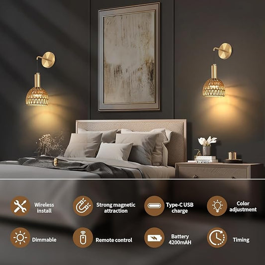 Boho Battery Operated Wall Sconce, Wireless Sconces Set of 2 with Remote, Rattan Upgrade Rechargeable Wall Sconces Set of Two for Bedroom, Living Room, Entryway, 3 Colors Dimmable (Gold)
