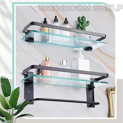 Suzile Set of 2 Glass Bathroom Shelves with Bar, Wall Mounted 15.7 x 4.7 Inches, Bathroom Shelves Hanging Modern Floating Shelf Metal Stick Room Rustproof Organizer Decorative(Black)