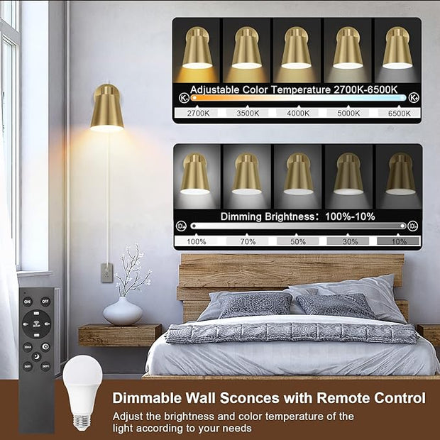 Plug in Wall Sconces with Remote Control, Adjustable Color Temperature 2700K-6000K and Dimmable Wall Sconces Gold Wall Lights with Plug in Cord for Bedroom Bedside Stairway(2 Pack, 2 Bulbs)