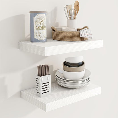 16 Inch Floating Shelves, 9.3" Deep Floating Shelf Wall Mounted, 16" Wall Shelves, Rustic Deep Bookshelf, Large Display Shelves & Storage Shelves for Bedroom, Living Room, White, Set of 2