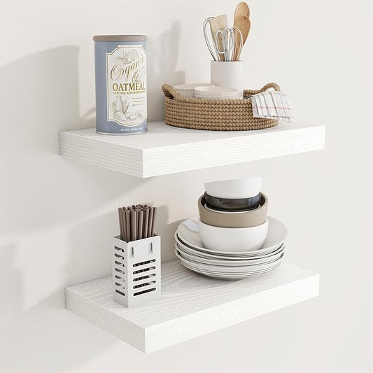 16 Inch Floating Shelves, 9.3" Deep Floating Shelf Wall Mounted, 16" Wall Shelves, Rustic Deep Bookshelf, Large Display Shelves & Storage Shelves for Bedroom, Living Room, White, Set of 2