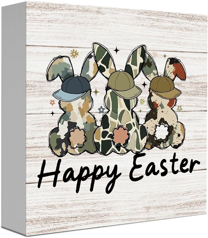 Funny Happy Easter Sign Rustic Easter Bunny Decor Bunny Table Decorations Decor Indoor for Home Office Desk Table Shelf Tiered Tray 5 X 5 Inch