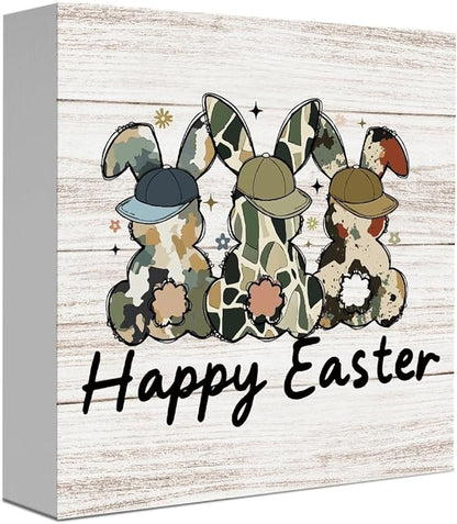 Funny Happy Easter Sign Rustic Easter Bunny Decor Bunny Table Decorations Decor Indoor for Home Office Desk Table Shelf Tiered Tray 5 X 5 Inch