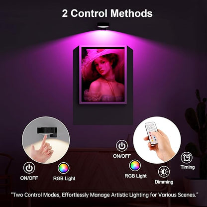 3 Pack Picture Lights for Wall, 13 RGB Color Rechargeable Battery Operated wall lights, Picture Frame lights with 3 Lighting Modes, Wireless Magnetic Painting Light with Remote Control Timer, (Black)