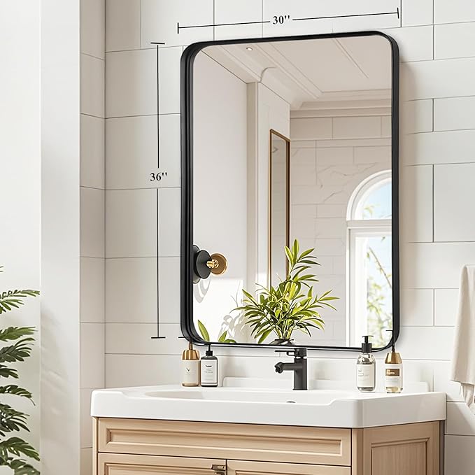 Black Metal Framed Bathroom Mirror - 30x36 Inch Black Round Corner Bathroom Mirror for Over Sink, Matte Rectangle Vanity Mirror for Restroom, Entryway, Hanging Vertically or Horizontally