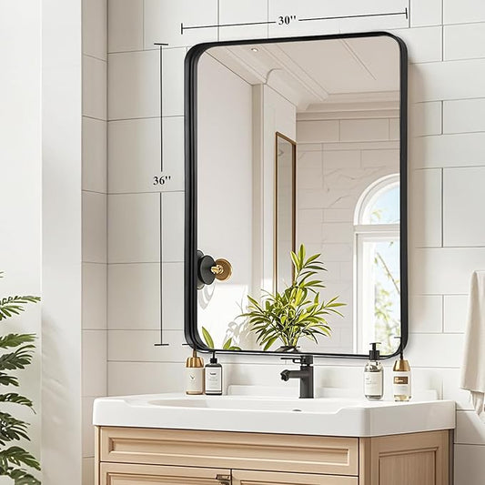 Black Metal Framed Bathroom Mirror - 30x36 Inch Black Round Corner Bathroom Mirror for Over Sink, Matte Rectangle Vanity Mirror for Restroom, Entryway, Hanging Vertically or Horizontally