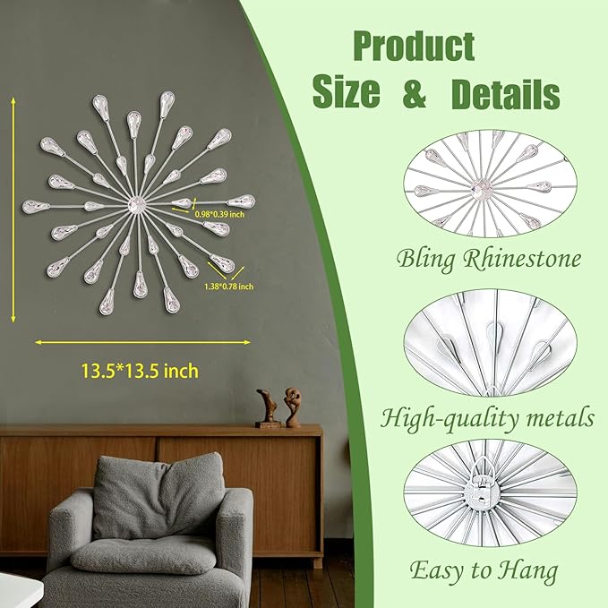 ZEXUIRU 3 Pack Silver Sunburst Wall Decor – Metal Crystal Wall Art with Sparkling Rhinestones, 14’’/18 Inch Starburst Wall Hanging Set for Living Room Bedroom Bathroom – Modern Bling Home Decorations