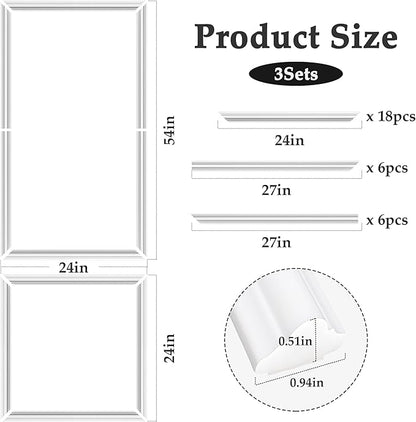 3 Sets Peel and Stick Molding Trim for Walls, Pre-Cut Wainscoting Panels 54x24 Inch Peel and Stick Wall Molding Kit, Self Adhesive Molding Trim for Walls, Home Renovation, White