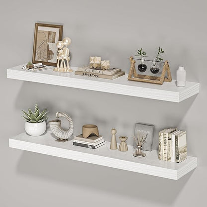 40 Inch Floating Shelves for Wall, Wooden Wall Mounted Display Shelves with Invisible Brackets for Living Room, Bedroom, Bathroom, Kitchen Decor and Storage, Set of 2, White