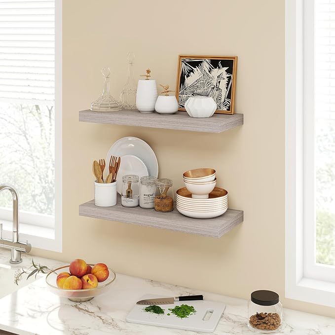 24 Inch Floating Shelves, 9.3" Deep Floating Shelf Wall Mounted, 24" Wall Shelves, Rustic Deep Bookshelf, Large Display Shelves & Storage Shelves for Bedroom, Living Room, Gray, Set of 2