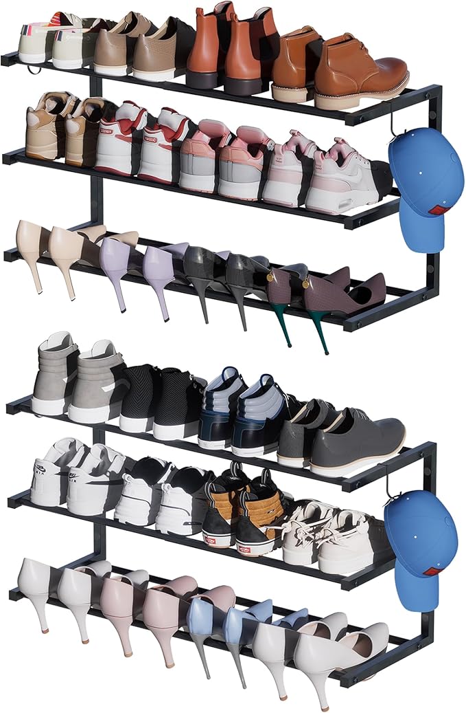 2 Pack Wall Mounted Shoe Rack, 3 Tier Hanging Shoe Rack Holds 24 Pairs, 17