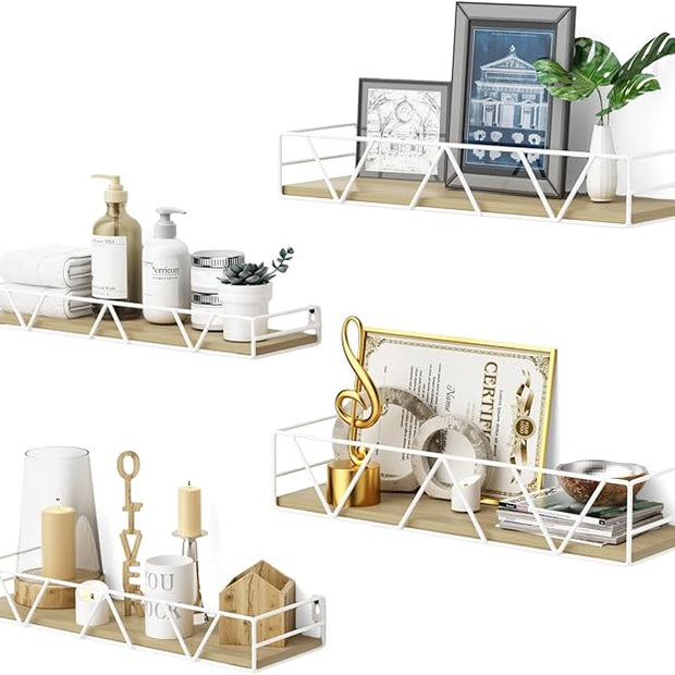 Floating Shelves Set of 3, Home Wood Wall Shelf, Farmhouse Shelf for Bedroom, Wall Mounted Floating Shelf for Living Room, Bedroom, Bathroom, Kitchen, Office (White-4pcs)