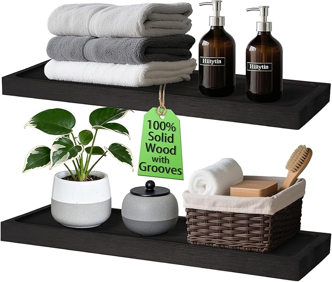 Solid Wood Floating Shelves for Wall 24 inch Bathroom Hanging Wall Shelves Set of 2 for Living Room Bedroom Kitchen Farmhouse 24x6.7 inch - Black