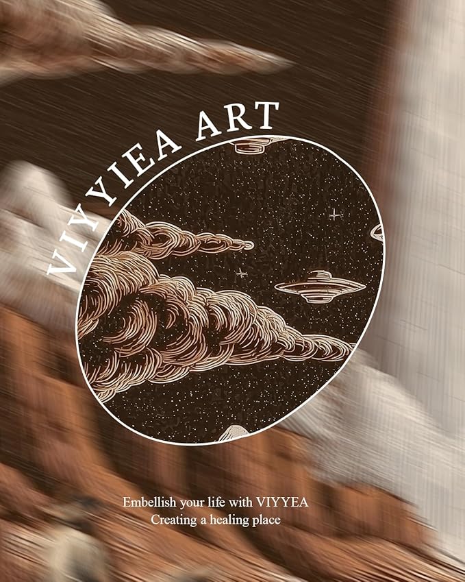 VIYYIEA Gold Small Framed Canvas Art, Vintage Western Landscape UFO Art Prints,8x10Inch, Southwest Retro Cactus Cowboy Decor for Bedroom Living Room Office Shelf, Sci - fi Poster, Cozy Brown Decor