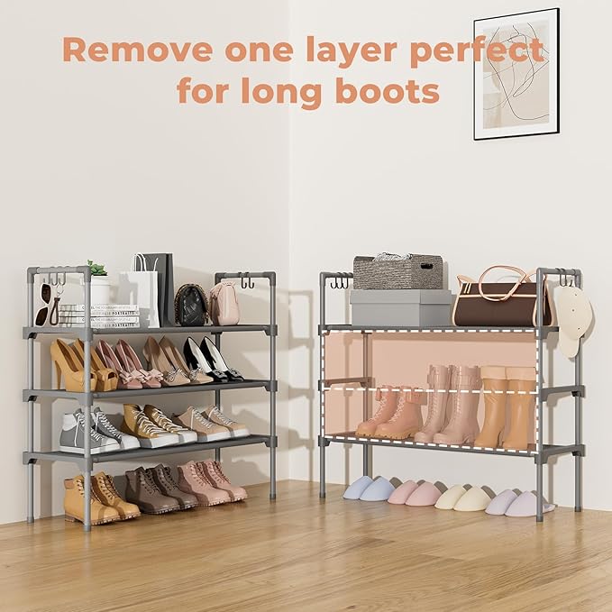 3 Tier Shoe Rack for Closet, Shoe Organizer with 5 Hooks, Long Shoe Shelf Storage for Shoe and Boot Stackable Free Standing Shoe Rack for Entryway, Garage, Small Spaces, Dorm, Grey