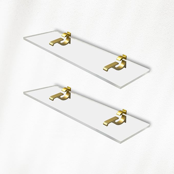 Clear Acrylic Shelves 14.5 inches, 3/4" Thick Transparent Wall Mounted Floating Shelves for Bedroom, Living Room, Bathroom, Kitchen -‎ with Screws and Brass Finish Brackets, Pack of 2