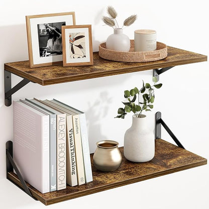 Fixwal Floating Shelves for Wall, 24 Inch Wide x 10 Inch Deep Brown Shelves for Bedroom, Large Wall Shelf for Living Room, Kitchen, Bathroom, Laundry Room and Decor Storage (Set of 2)
