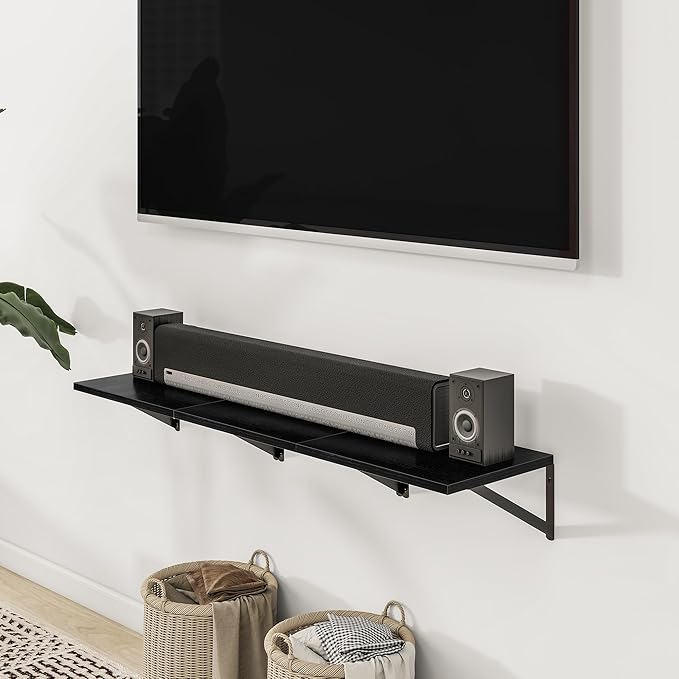 Heimlove Deep Floating Shelves for Wall, 12 Inch Deep Floating Shelves Set of 3, 16W x 12D Wood Wall Shelves, Wide Wood Shelves with Metal Bracket for Living Room, Kitchen, Office, Bedroom - Black