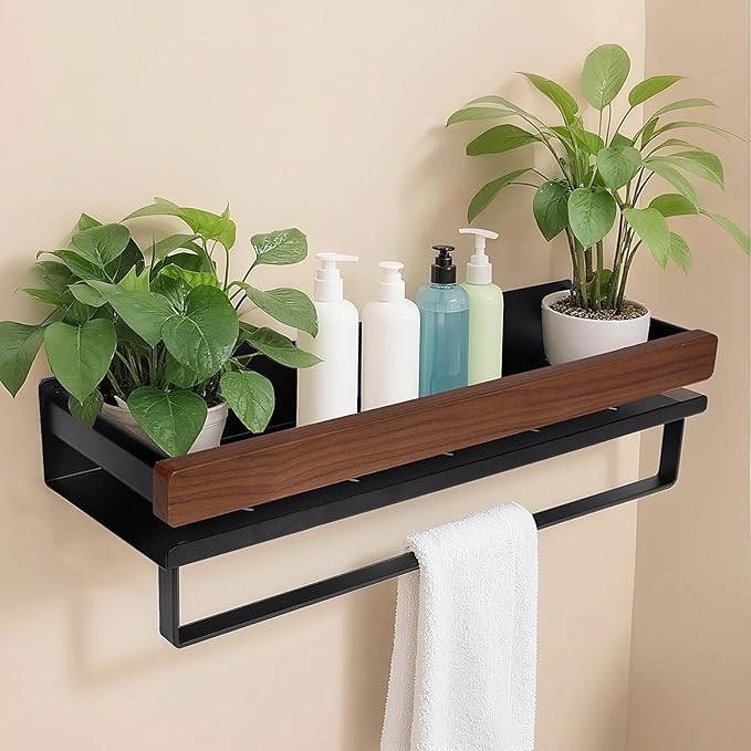 Bathroom Shelf 40 Inch, Wall Mounted Organizer with Towel Rail & Self-Draining - Space Saver with Removable Clips for Kitchen, Living Room, Solid Walnut Finish