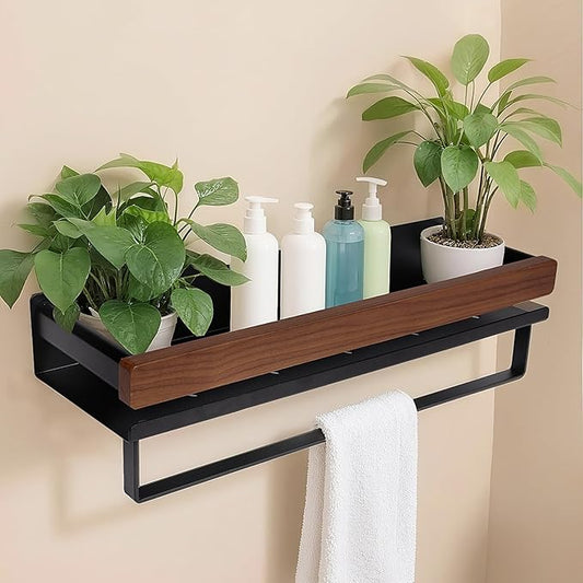 Bathroom Shelf 40 Inch, Wall Mounted Organizer with Towel Rail & Self-Draining - Space Saver with Removable Clips for Kitchen, Living Room, Solid Walnut Finish