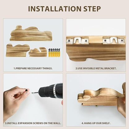 3 Sets Small Floating Shelves for Wall, 3 Size Rustic Live Edge Floating Shelves with Invisible Metal Bracket for Living Room Bedroom Kitchen, Wooden