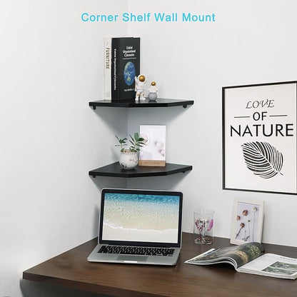 Corner Wall Shelves Set of 2, Rustic Wood Corner Floating Shelves with Cable Raceway, Wall Mount Storage Display for TV Accessories, Baby Monitor, Speaker, Cable Box (Black, Diamond- 10 Inch)