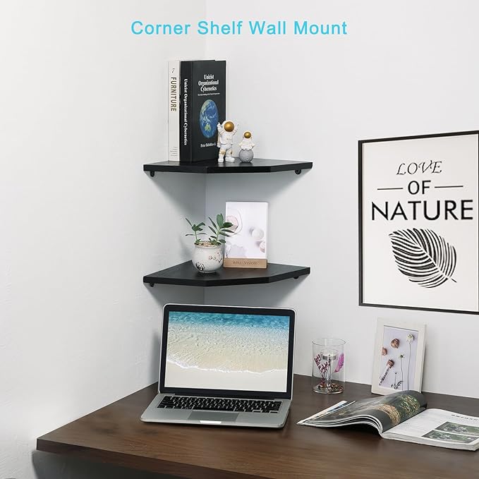 Corner Wall Shelves Set of 2, Rustic Wood Corner Floating Shelves with Cable Raceway, Wall Mount Storage Display for TV Accessories, Baby Monitor, Speaker, Cable Box (Black, Diamond- 12 Inch)