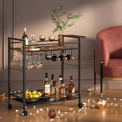 Bar Cart,Home Bar Serving Cart with Storage Shelves, 2 Tier Rolling Beverage Cart with Wheels, Modern Wine Cart with Wine Rack and Glass Holder for Kitchen, Living Room,Dinning Room,Brown