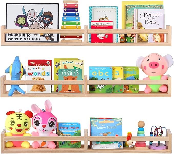 Nursery Book Shelves for Wall Set of 3，Natural Wood Wall Bookshelves for Kids Room(32 inches Set of 3)