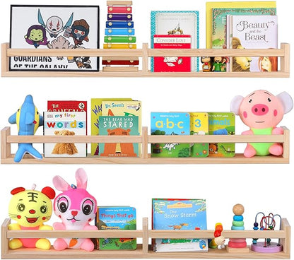 Nursery Book Shelves for Wall Set of 3，Natural Wood Wall Bookshelves for Kids Room(32 inches Set of 3)