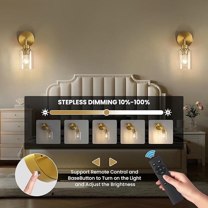 Battery Operated Wall Sconce Set of Two - Dimmable Wireless Sconces Set of 2 with Remote Control, Cordless Rechargeable Gold Wall Lights 3000K Modern wall lamp for Bathroom Bedroom Living Room