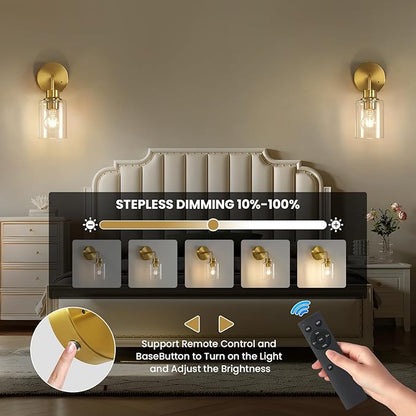 Battery Operated Wall Sconce Set of Two - Dimmable Wireless Sconces Set of 2 with Remote Control, Cordless Rechargeable Gold Wall Lights 3000K Modern wall lamp for Bathroom Bedroom Living Room