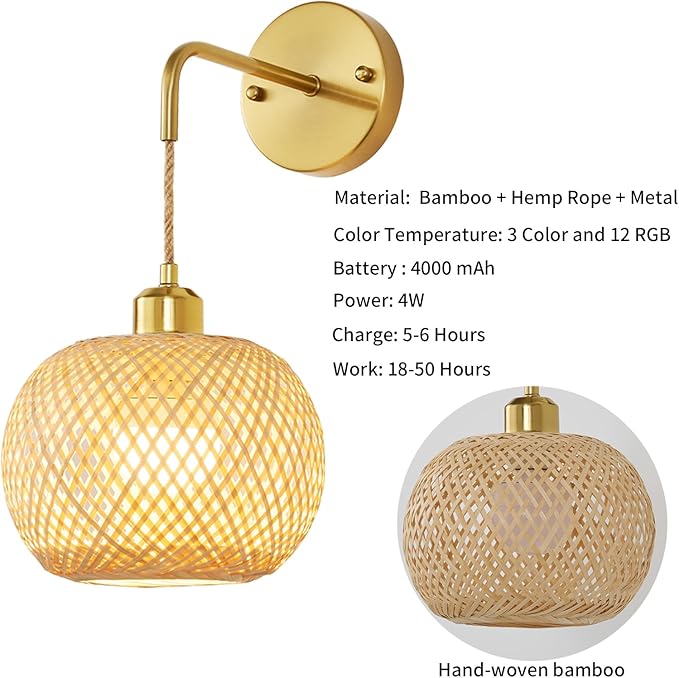 Gold Battery Operated Wall Sconces Set of 2 with Remote, Rechargeable Rattan Battery Powered Wall Lights/Lamps, Wireless Boho Lighting Fixtures for Bedroom Farmhouse, 15 Colors Dimmable,8''