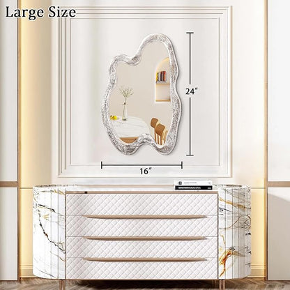 AAZZKANG Irregular Wall Mirror Wooden Large Asymmetrical 24"x16" Decorative Hanging Mirrors for Bedroom Dressing Room Living Room Bathroom Entryway White