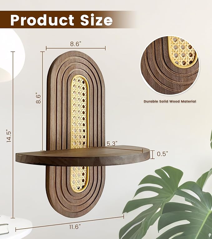 Wooden Arched Floating Shelf, Natural Wood Shelves, Boho Rattan Wall-Mounted Shelf for Bedroom, Living Room, Bathroom, Nursery and Home Office, Decorative Book and Plant Display