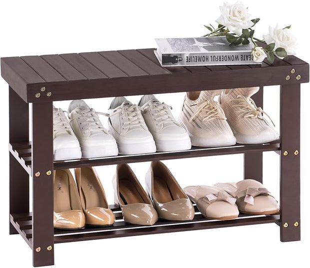 Apicizon Bamboo Shoe Rack for Entryway, 3-Tier Shoe Rack Bench for Front Indoor Entrance, Small Shoe Organizer with Storage, Dark Brown
