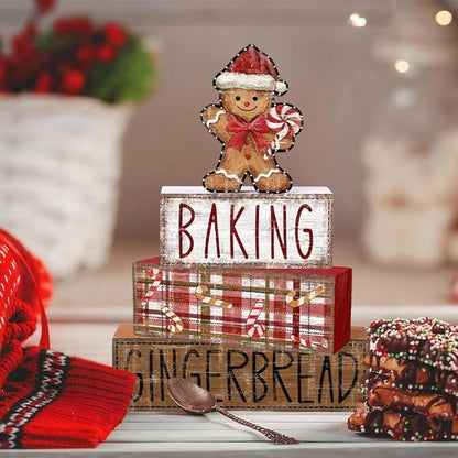 DIYDEC 4Pcs Christmas Table Decoration Gingerbread Man Wooden Block Sign Christmas Tiered Tray Decor Centerpiece Decorative Sign for Xmas Holiday Tabletop Coffee Fireplace Shelf Desk Party Decor