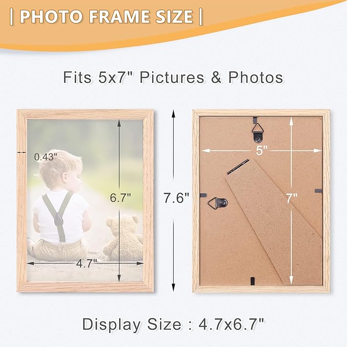 5x7 Picture Frame, OAK Wood Photo Frame with Perspex Glass for Vertical or Horizontal Tabletop Wall Display for Photos, Paintings, Posters, Artwork, Birthday Christmas Gift, Set of 2