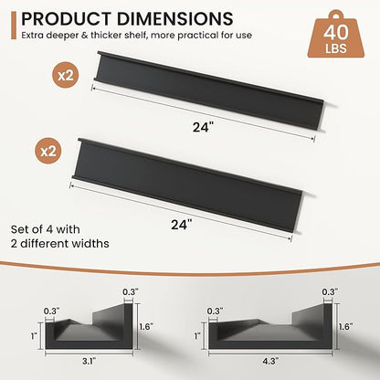 Fun Memories Picture Ledge Shelves Set of 4, 24 Inch Rustic Wall Mounted Floating Shelves with Lip for Home Storage and Décor in Bathroom, Kitchen, Nursery, Bedroom, Living Room, Black