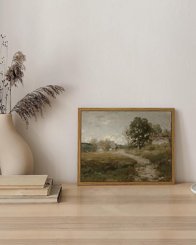 InSimSea Framed Canvas Wall Art, Vintage Outskirts Painting Prints for Farmhouse & Bedroom Decor, Small Bathroom Wall Art, 8