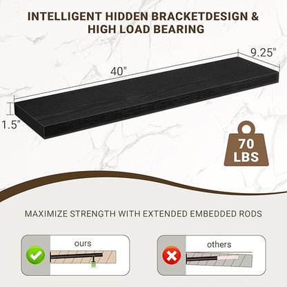 40 Inch Floating Shelves, 3D Textured Wood Grain, 40"x9.25"x1.5" Inch Deep Floating Shelves for Wall, Wooden Shelves for Bathroom, Bedroom, Living Room, Black, 1 Piece