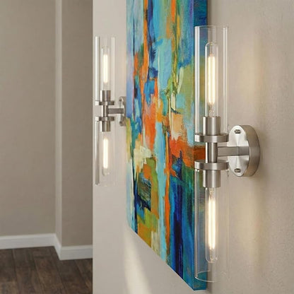 Wall Sconces 2-Pack, Hardwired Bathroom Light Fixtures, Modern Farmhouse Vanity Wall Lighting with Clear Glass Shades, E26 Base Wall Sconce Wall Lights for Bathroom Wall Decor, Brushed Nickel