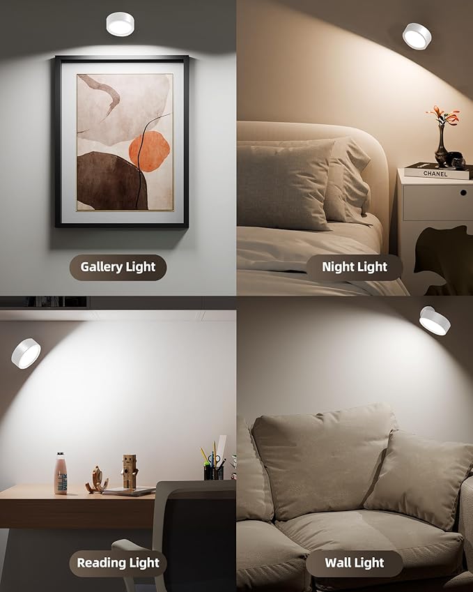 EZVALO LED Wall Mounted Lights, 5500mAh Rechargeable Wall Sconces Lamp, 3 Color Temps & Remote and Touch Control, 360°Rotation Dimmable Cordless Wall Light for Bedroom Reading Study (2 Pack White)