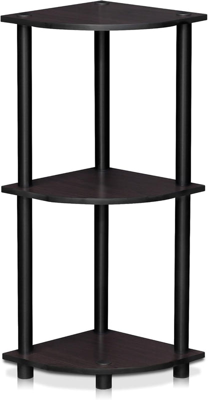 Furinno TURN-N-TUBE Corner Shelf, 3-Tier Corner Bookshelf, Display Storage Shelves with Open Shelves, for Organization and Storage, Living Room, Home Office, Garage, Dark Walnut