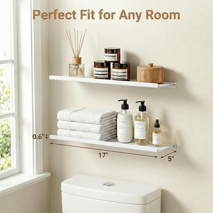 SRIWATANA White Metal Wall Shelves, 2 Set Floating Shelves for Bedroom, Living Room, Bathroom, Kitchen - Matte White