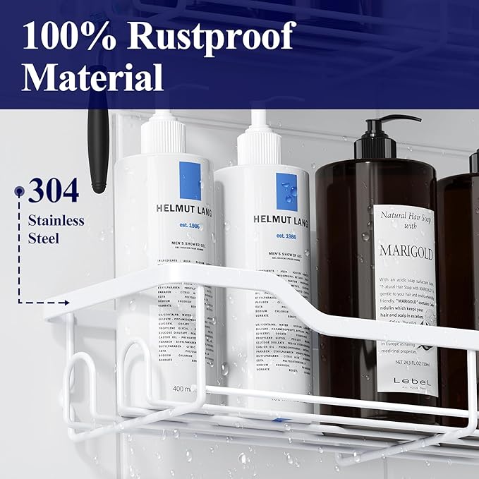 Kitsure Shower Caddy Large - Adhesive Shower Organizer, Stainless Steel Shelf for Inside Shower, No Drill Bathroom Organizers and Storage, Home Decor Accessories, 2 Pack, White