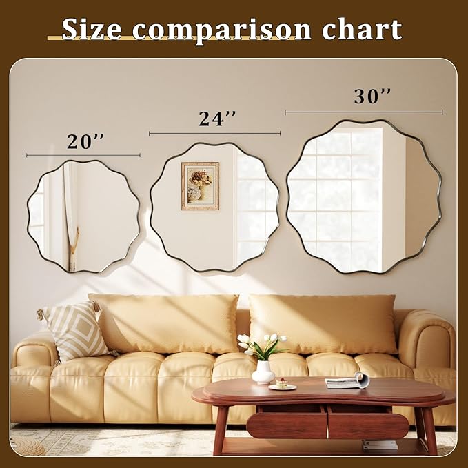 20 Inch Scalloped Round Wall Mirror, Black Wavy Edge Frame Circle Mirror for Bathroom, Bedroom, Entryway, Living Room for Wall Decor