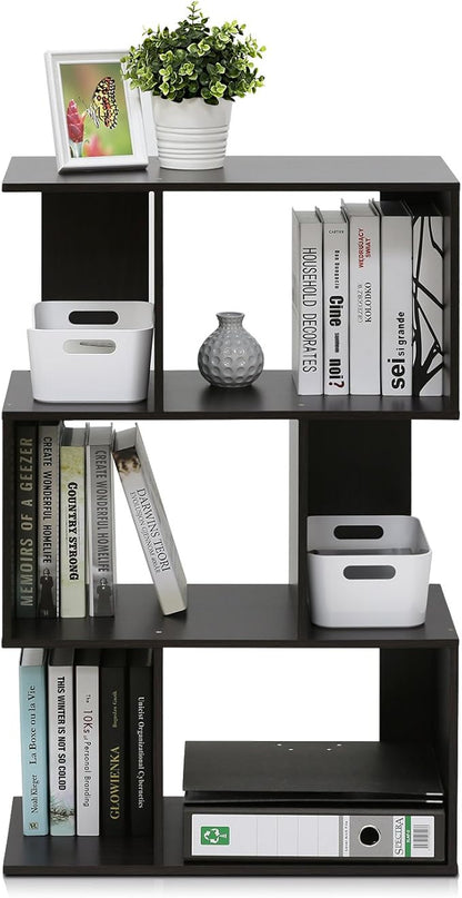 Furinno SIMPLY Book Shelf, 3-Tier Geometric Bookshelf, S-Shape Bookcase with Open Shelf, 11.8" x 23.6" x 37.3", for Organization and Storage, for Living Reoom, Bedroom, Home Office, Espresso
