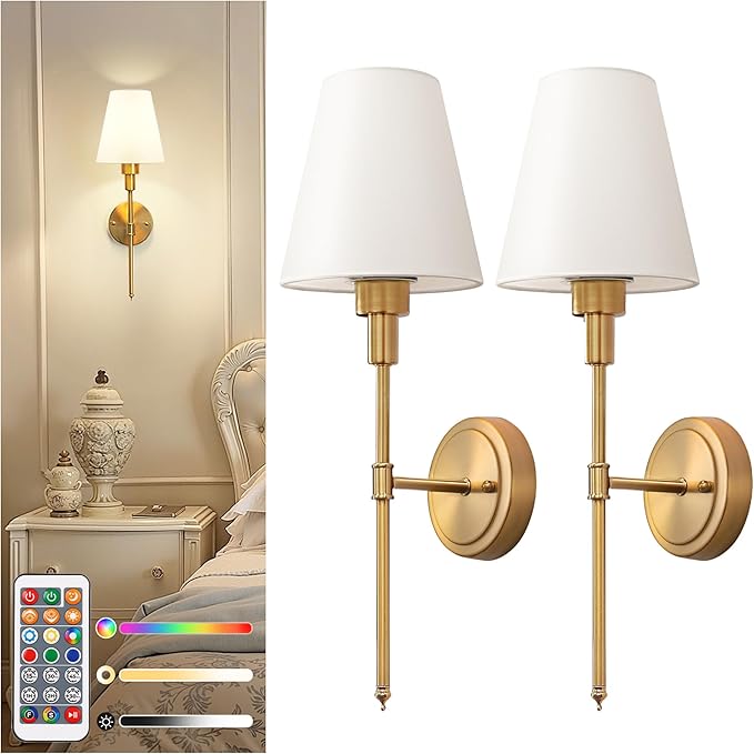 DORESshop Battery Operated Wall Sconce Set of 2, Wall Light Wireless Easy to Install, Dimmable and Adjustable Sconces Wall Decor, Rechargeable Wall Lamp for Bedroom, Living Room, Gold 20.7in